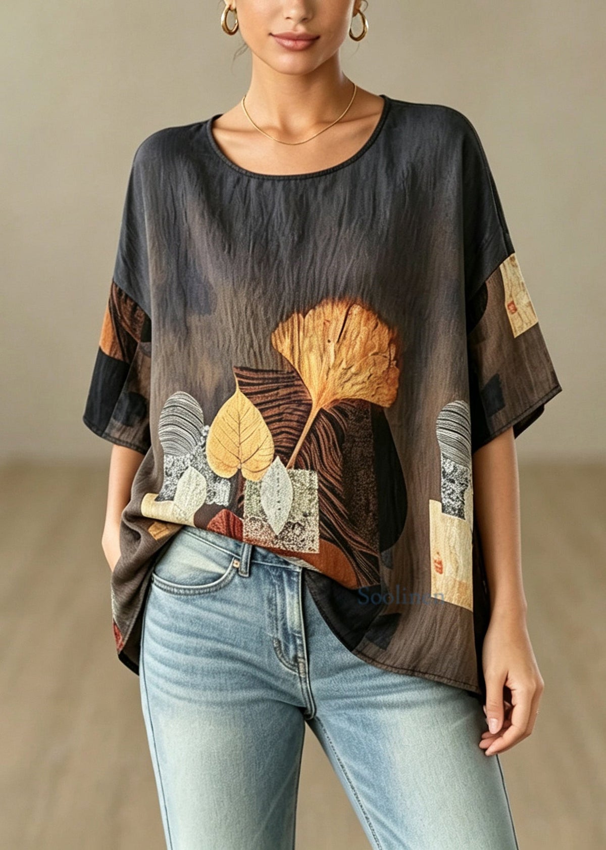 Plus Size O-Neck Leaves Print Top Half Sleeve