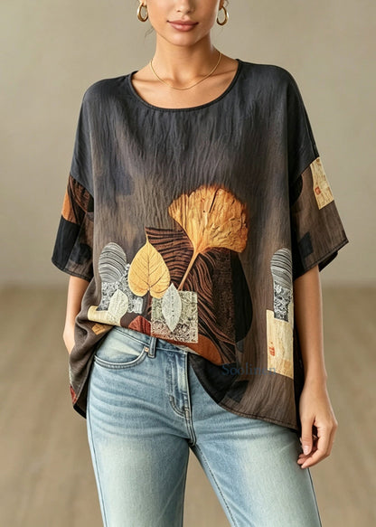 Plus Size O-Neck Leaves Print Top Half Sleeve