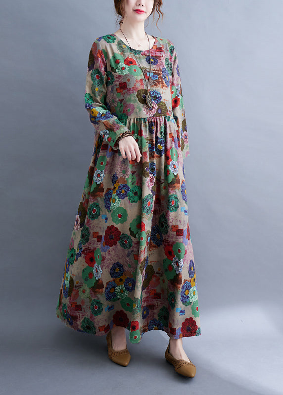 Plus Size O-Ausschnitt Print Falten Extra großer Saum Langes Kleid Frühling