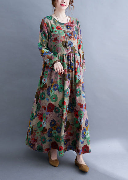 Plus Size O-Ausschnitt Print Falten Extra großer Saum Langes Kleid Frühling