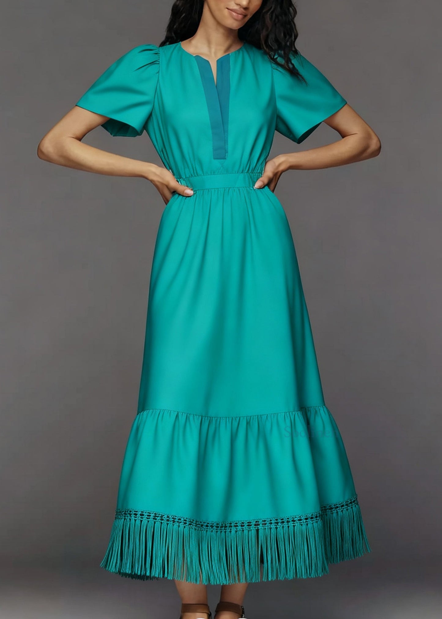 Plus Size O Neck Tassel Patchwork Cotton Ankle Dress Summer