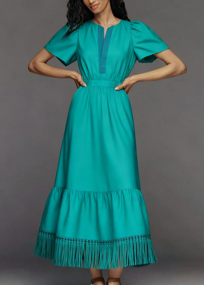 Plus Size O Neck Tassel Patchwork Cotton Ankle Dress Summer