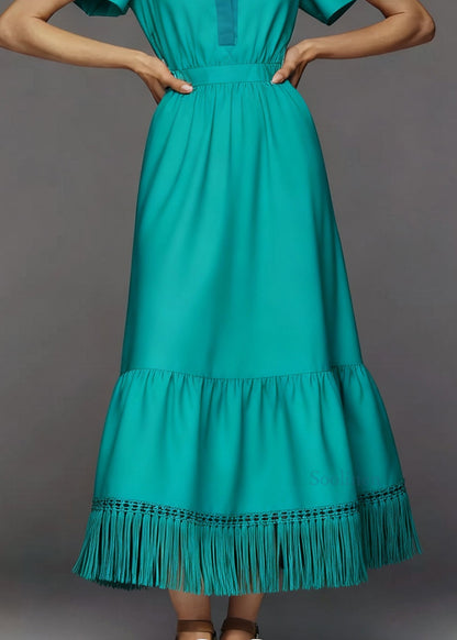 Plus Size O Neck Tassel Patchwork Cotton Ankle Dress Summer