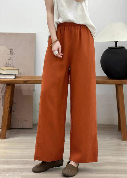 Plus Size Orange Elastic Waist Linen Straight Pants Summer