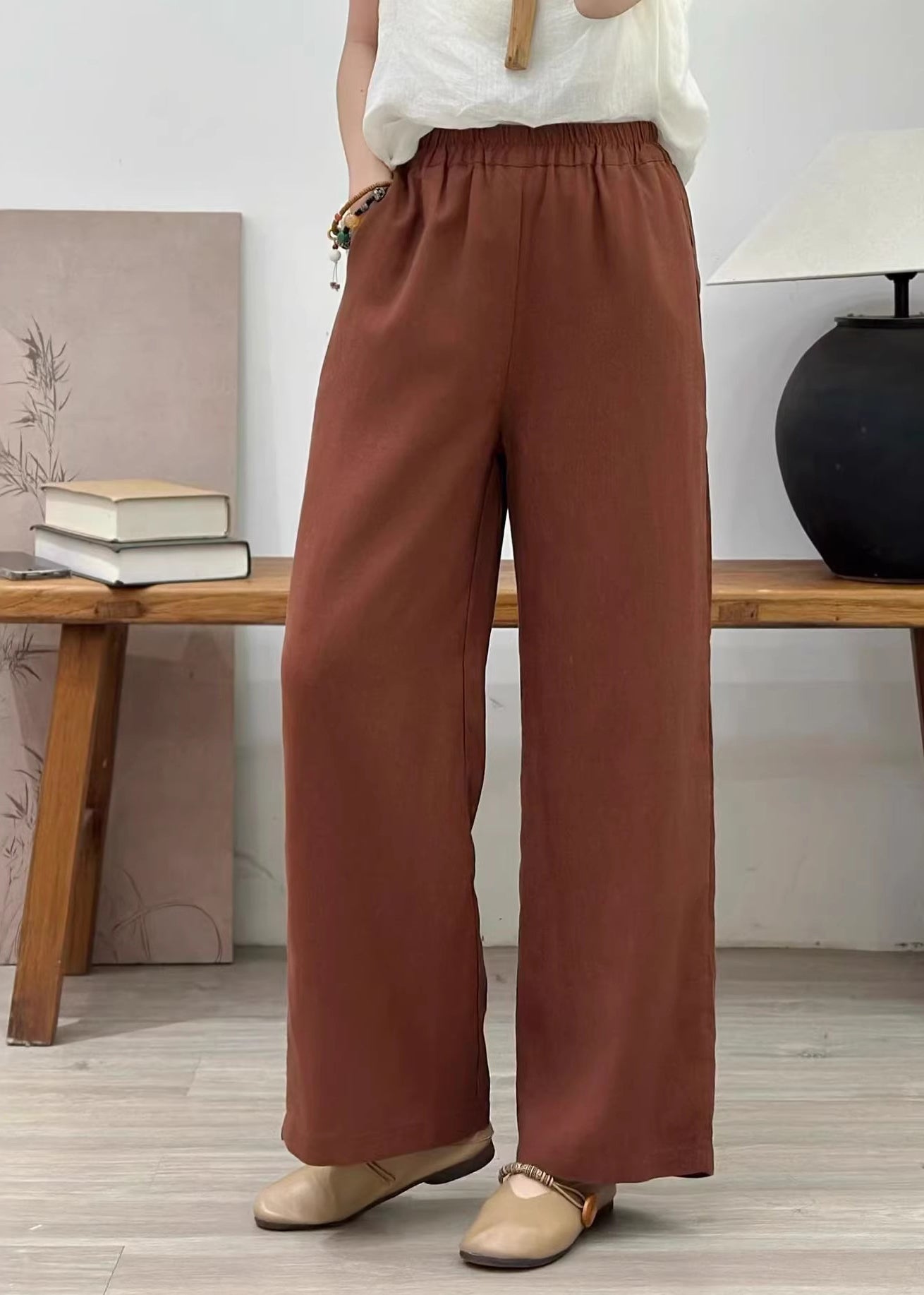 Plus Size Orange Elastic Waist Linen Straight Pants Summer