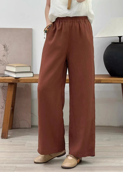 Plus Size Orange Elastic Waist Linen Straight Pants Summer