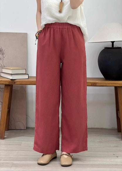 Plus Size Orange Elastic Waist Linen Straight Pants Summer