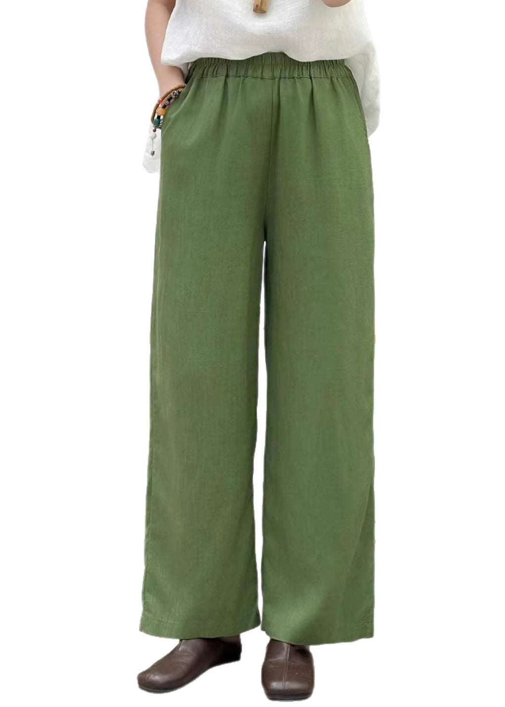 Plus Size Orange Elastic Waist Linen Straight Pants Summer