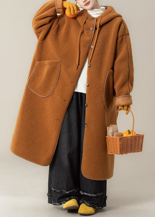 Abrigos de piel sintética de peluche con bolsillos y capucha de color naranja de talla grande para invierno