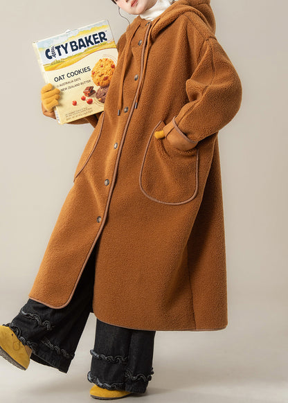 Abrigos de piel sintética de peluche con bolsillos y capucha de color naranja de talla grande para invierno