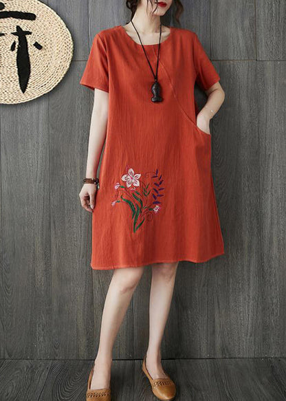 Plus Size Orange O-Ausschnitt Bestickte Tasche Leinenkleider Kurzarm