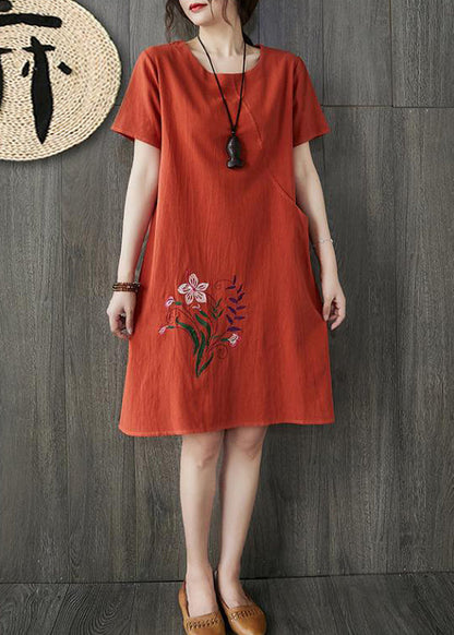 Plus Size Orange O-Ausschnitt Bestickte Tasche Leinenkleider Kurzarm