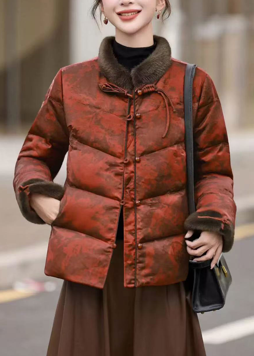 Wintermantel in Übergröße mit orangefarbenem Print, chinesischen Knöpfen und Entendaunen