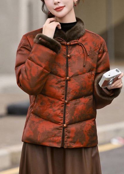 Wintermantel in Übergröße mit orangefarbenem Print, chinesischen Knöpfen und Entendaunen