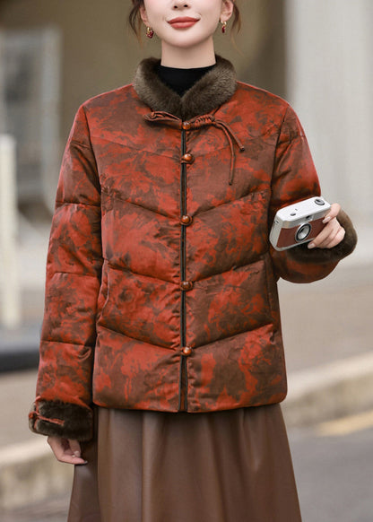 Wintermantel in Übergröße mit orangefarbenem Print, chinesischen Knöpfen und Entendaunen