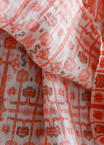 Plus Size Orange Print Cinched Ruffled Summer Linen Dress - SooLinen