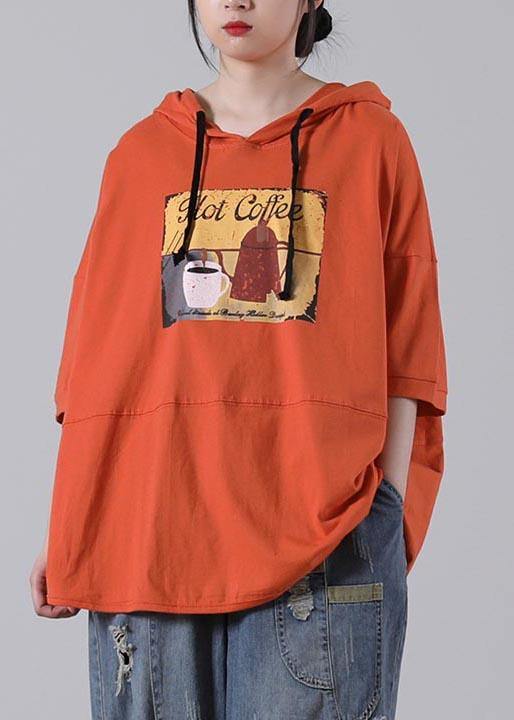 Plus Size Orange Print Cotton Sweatshirts Top - SooLinen