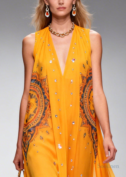 Plus Size Orange Print Rhinestone Sparkly Chiffon Holiday Dress Summer