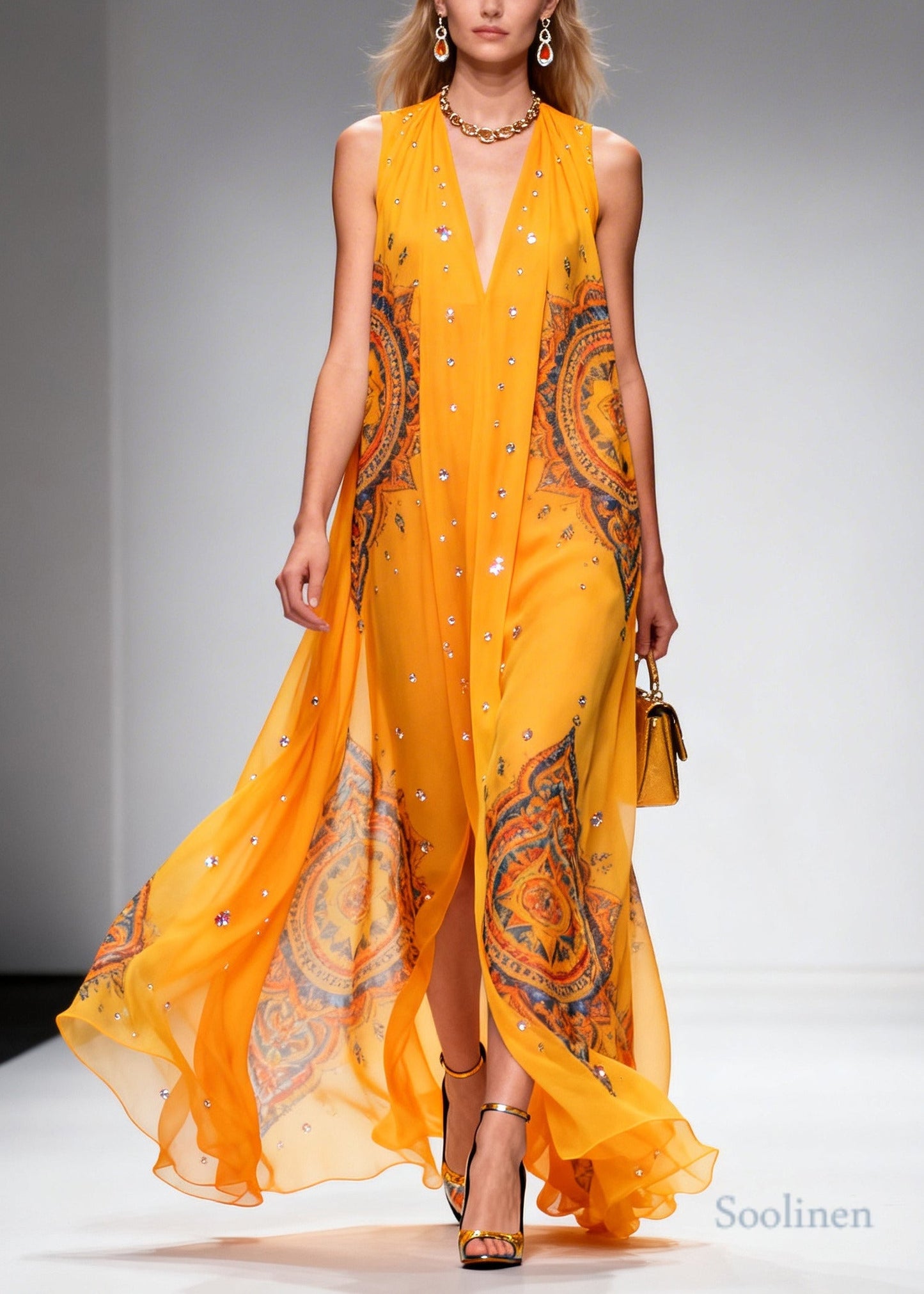 Plus Size Orange Print Rhinestone Sparkly Chiffon Holiday Dress Summer