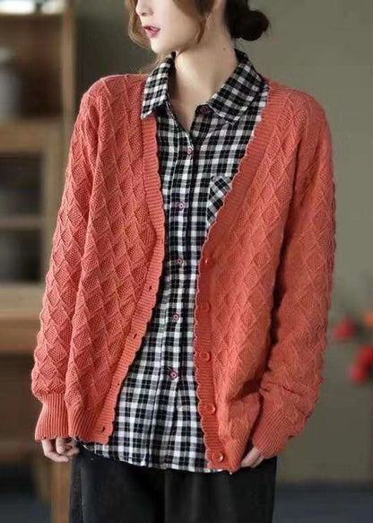 Plus Size Orange Red V Neck Button Fall Knit Sweater Coat