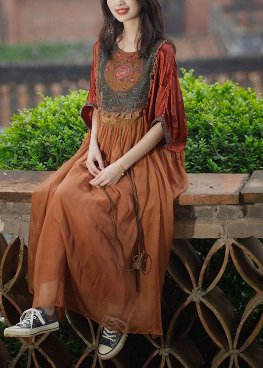 Vestidos largos de verano de seda con bordados y borlas de color naranja de talla grande
