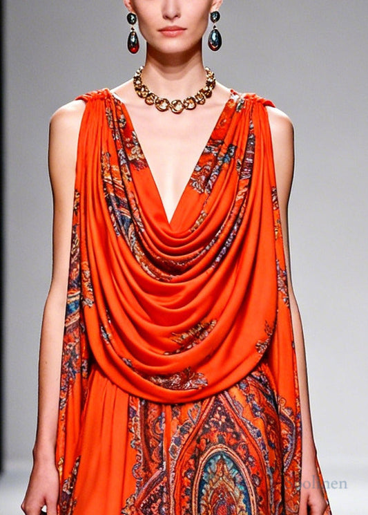 Plus Size Orange Turtle Neck Print Chiffon Robe Dresses Summer