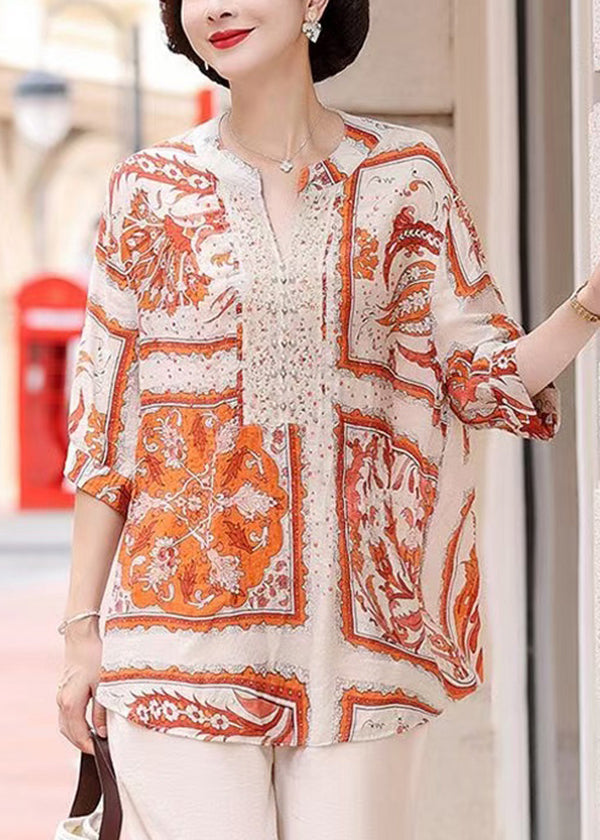 Plus Size Orange V Neck Print Chiffon Shirt Top Summer