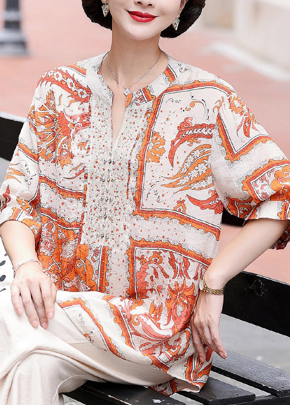 Plus Size Orange V Neck Print Chiffon Shirt Top Summer