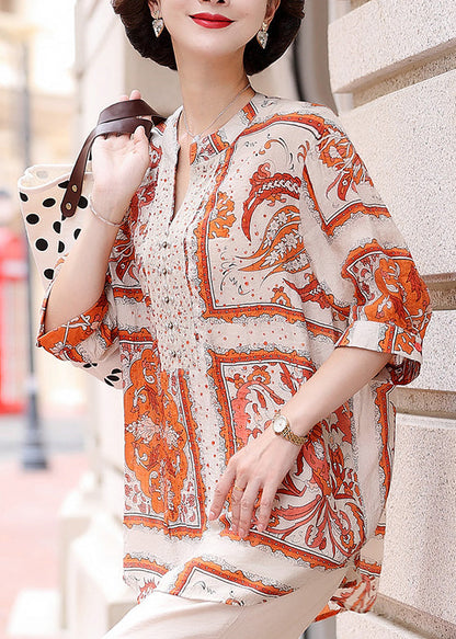 Plus Size Orange V Neck Print Chiffon Shirt Top Summer