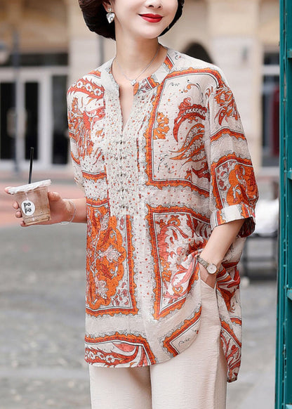 Plus Size Orange V Neck Print Chiffon Shirt Top Summer