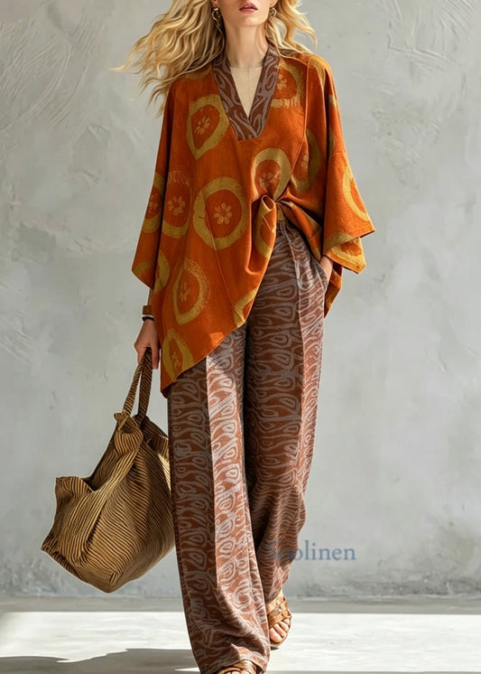 Plus Size Orange V Neck Print Cotton Two Pieces Set Batwing Sleeve