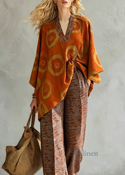 Plus Size Orange V Neck Print Cotton Two Pieces Set Batwing Sleeve