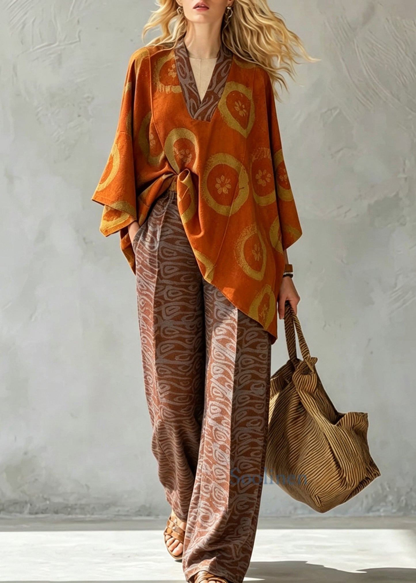 Plus Size Orange V Neck Print Cotton Two Pieces Set Batwing Sleeve