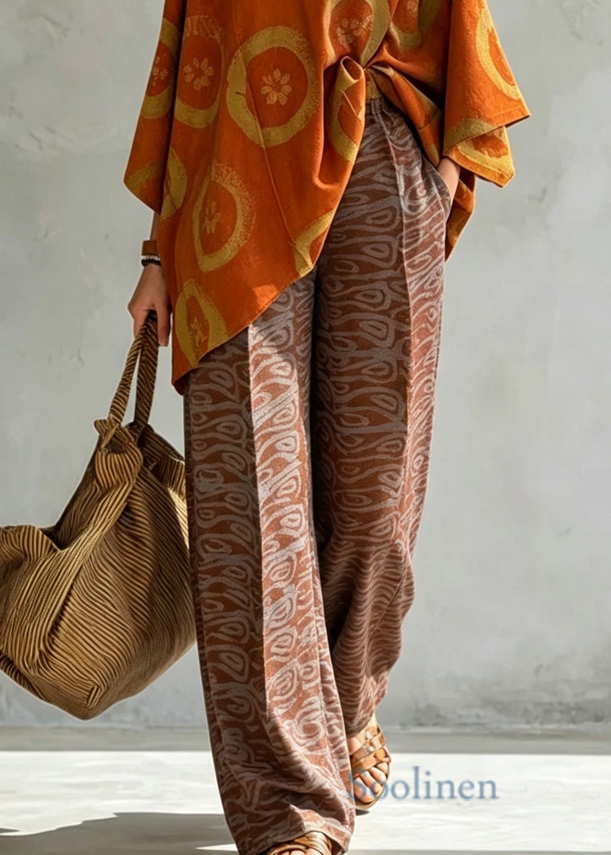 Plus Size Orange V Neck Print Cotton Two Pieces Set Batwing Sleeve