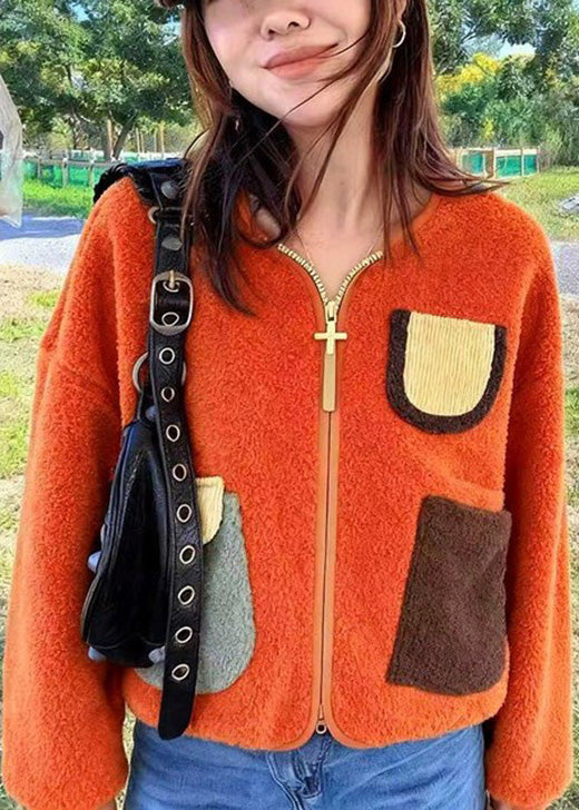 Plus Size Orange Zip Up Pockets Faux Fur Jacket Spring