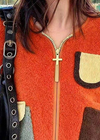 Plus Size Orange Zip Up Pockets Faux Fur Jacket Spring