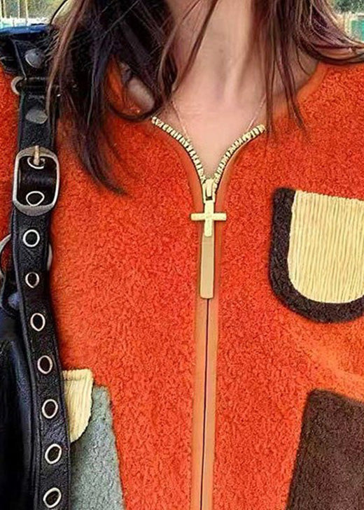 Plus Size Orange Zip Up Pockets Faux Fur Jacket Spring