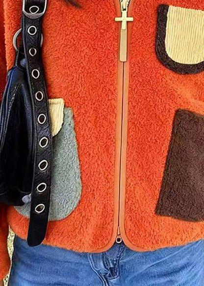 Plus Size Orange Zip Up Pockets Faux Fur Jacket Spring