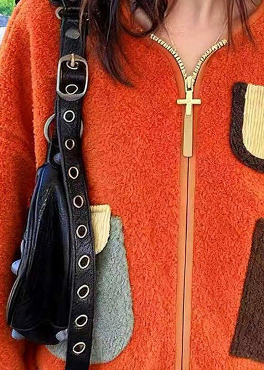 Plus Size Orange Zip Up Pockets Faux Fur Jacket Spring