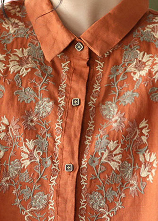 Plus Size Orange Knopf Peter Pan Kragen bestickte Leinen Blusen Frühling