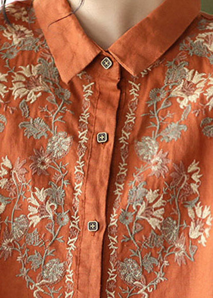 Plus Size Orange Knopf Peter Pan Kragen bestickte Leinen Blusen Frühling