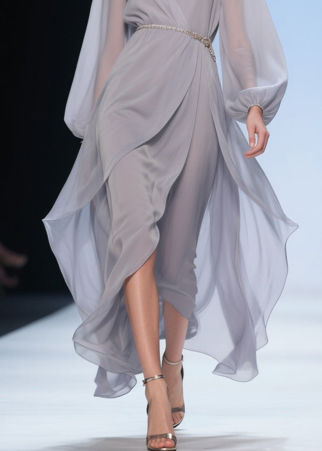 Plus Size Pale Smoggy Gray V Neck High Waist Solid Chiffon Dress Spring