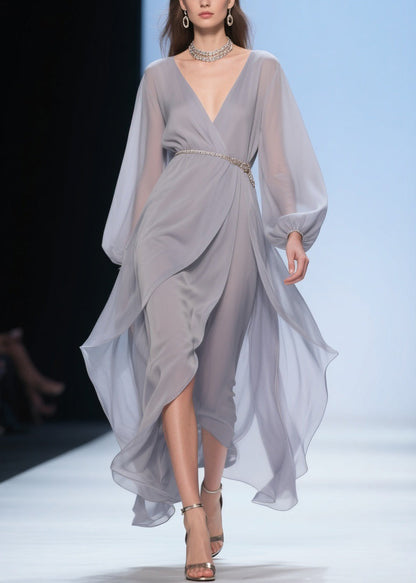 Plus Size Pale Smoggy Gray V Neck High Waist Solid Chiffon Dress Spring