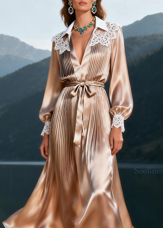 Plus Size Peter Pan Collar Lace Patchwork Tie Waist Silk Dresses Long Sleeve