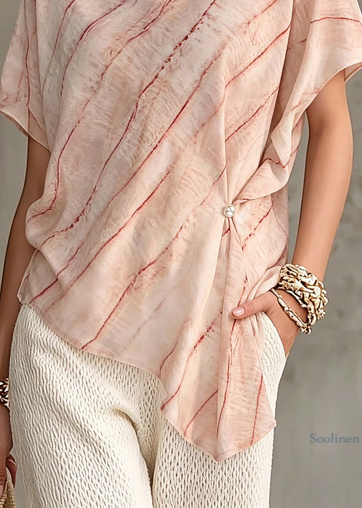 Plus Size Pink Asymmetrical Striped Chiffon Tops Short Sleeve