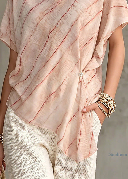 Plus Size Pink Asymmetrical Striped Chiffon Tops Short Sleeve