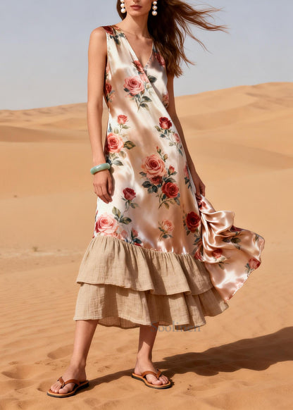 Plus Size Pink Flower Patchwork Linen Silk Vacation Dresses Summer