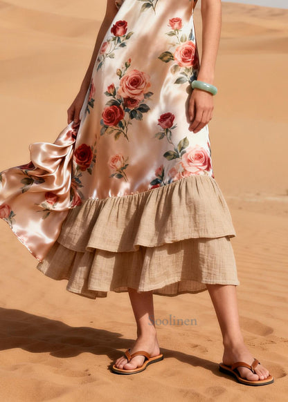 Plus Size Pink Flower Patchwork Linen Silk Vacation Dresses Summer