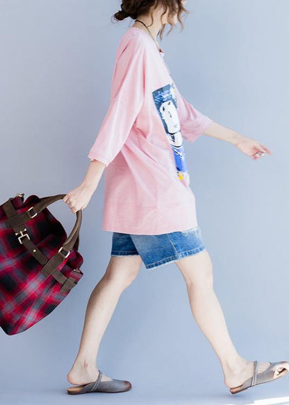 Plus Size Pink Graphic Half Sleeve Cotton Summer Top - SooLinen