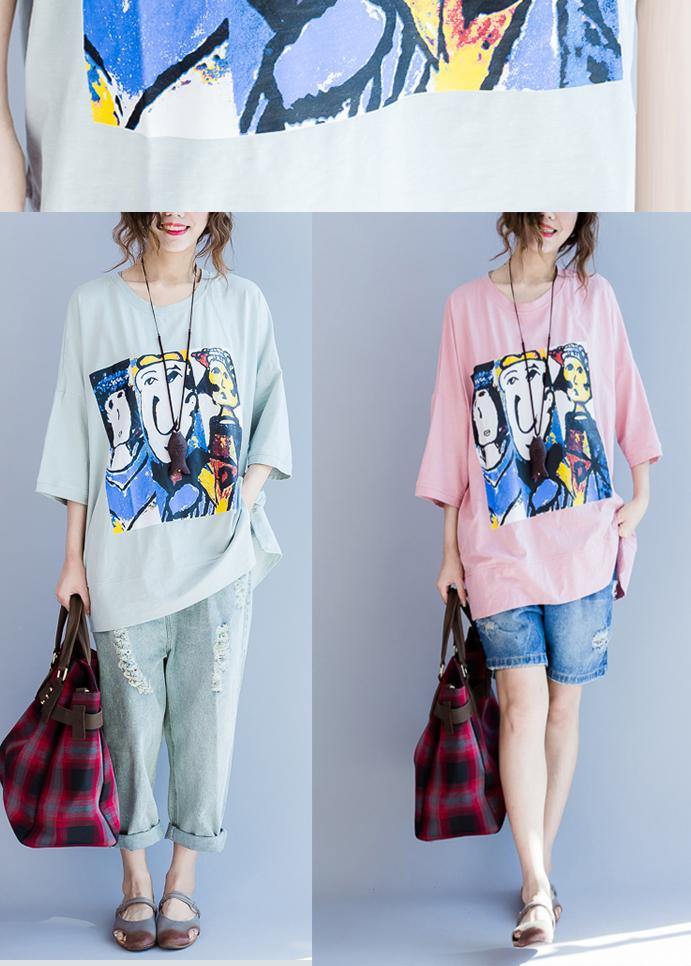 Plus Size Pink Graphic Half Sleeve Cotton Summer Top - SooLinen